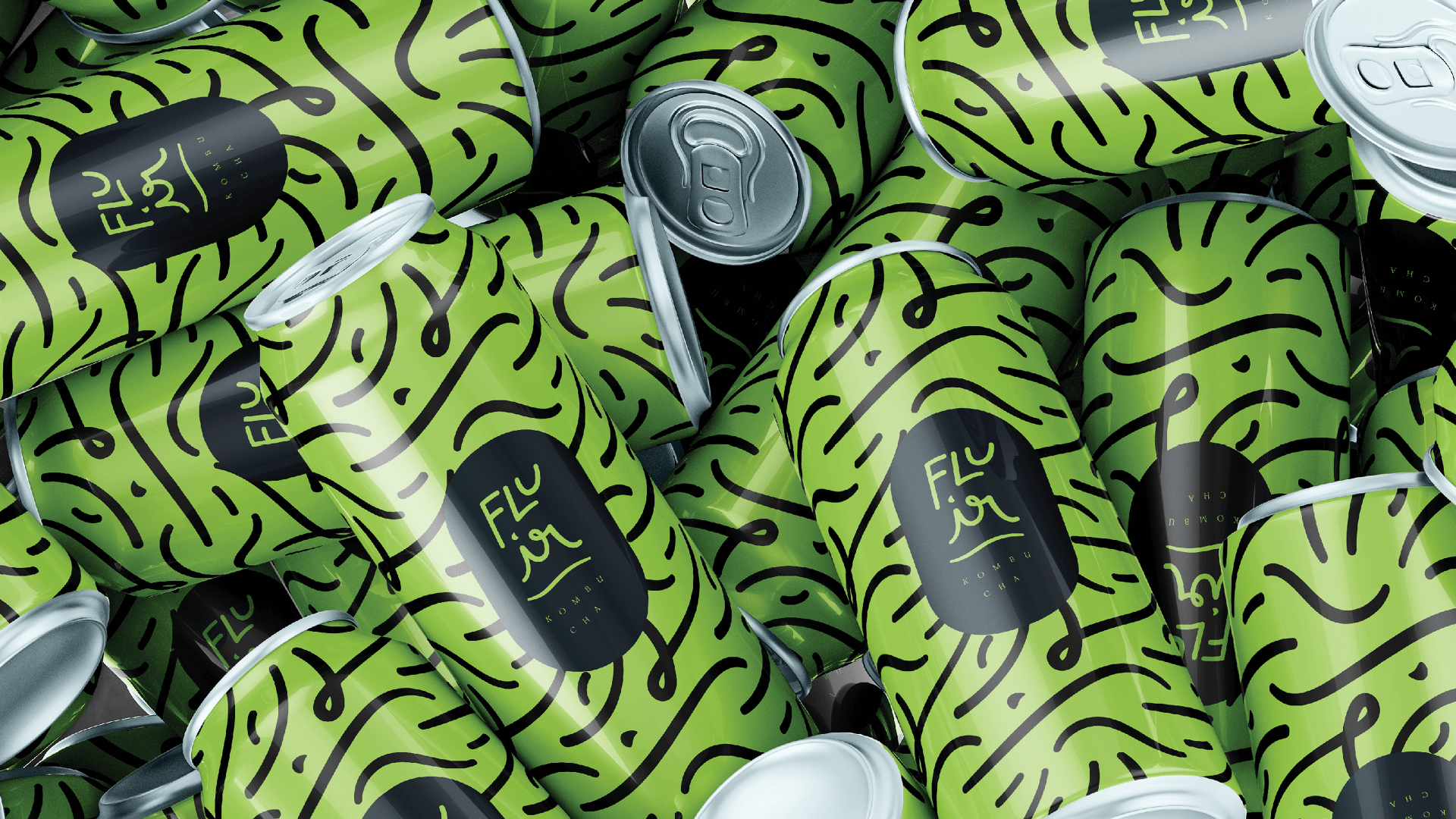 Diversas latas verdes de kombucha com o logotipo da Fluir